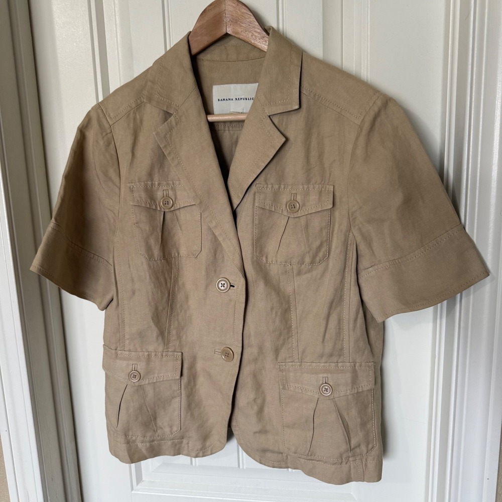 Banana Republic Blazer Women 14 Tan Excellent Linen Silk Short Sleeve Safari - Picture 2 of 7